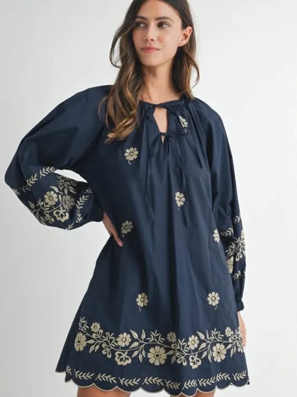 NWT MABLE Embroidered Long Sleeve Peasant Mini Dress L